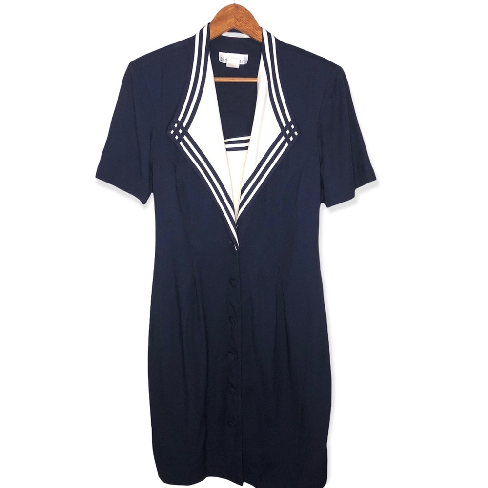 Vintage Dressbarn Navy/ White Sailor Button Up Midi Dress - Picture 1 of 4